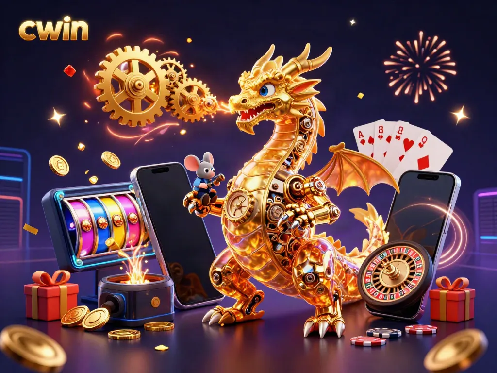 Experience the thrill of cwin gaming with a golden dragon, slot games, and festive elements.