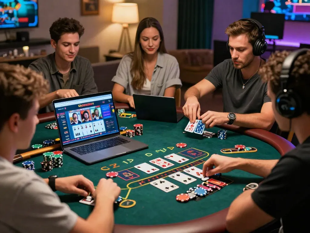 Players enjoying live games on non Gamstop sites in a lively home setting