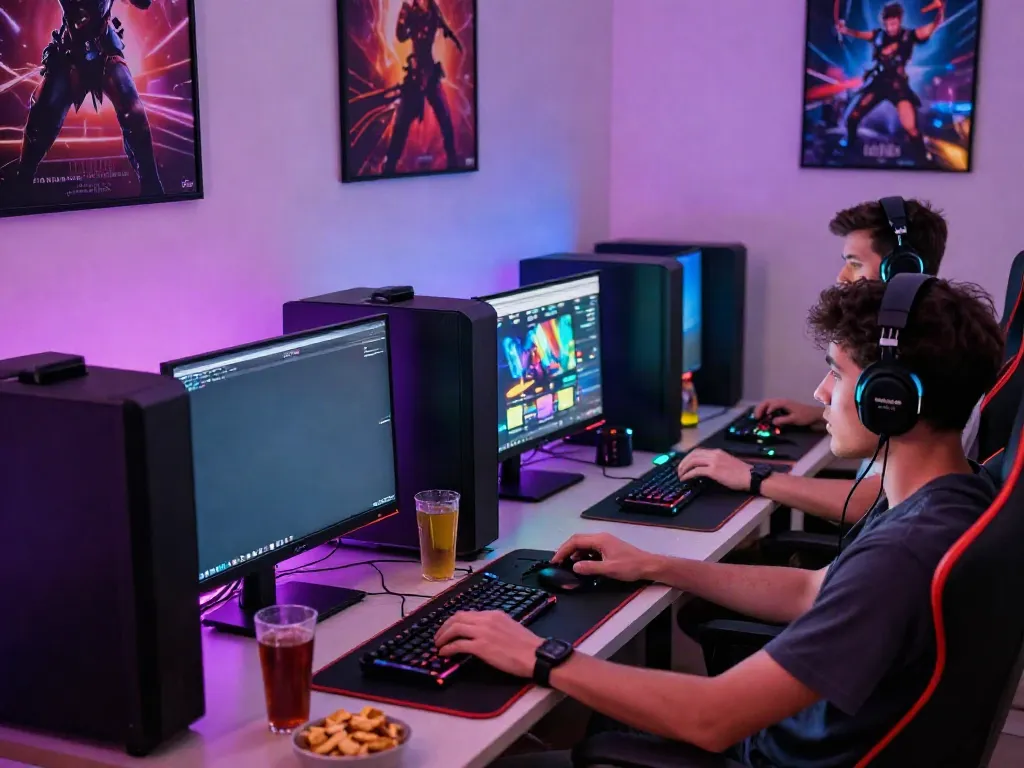 Engaged players at stylish home gaming setup exploring non gamstop sites.