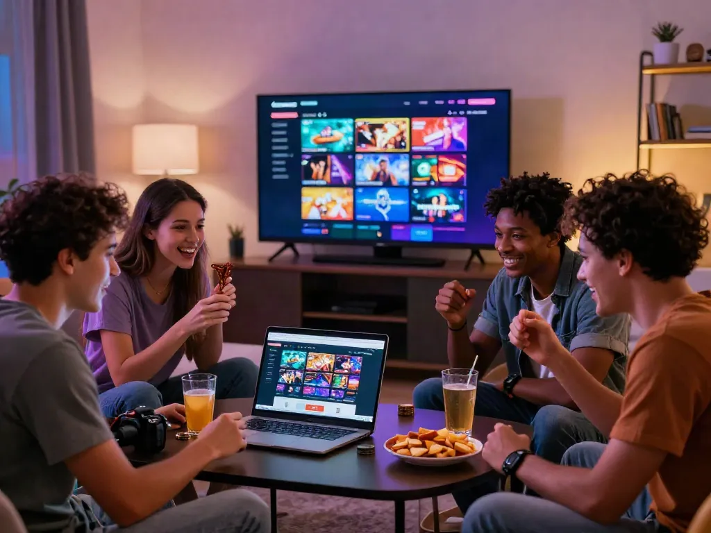 Friends exploring non Gamstop sites on a laptop in a lively living room.
