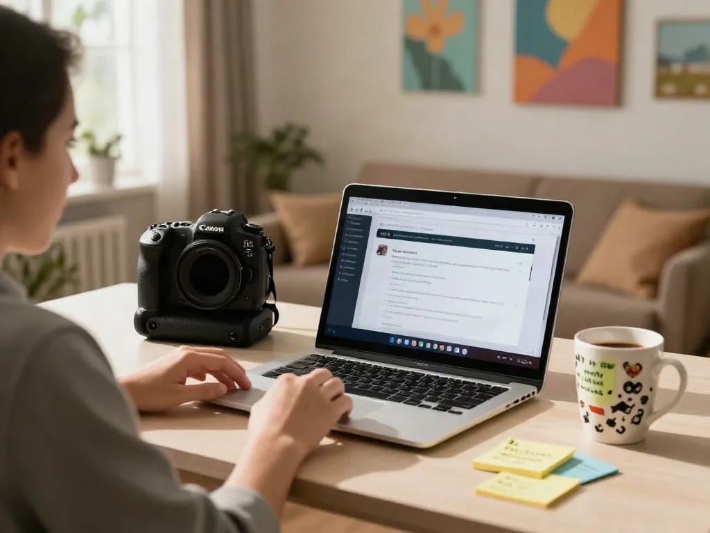 User exploring various non gamstop sites from a cozy workspace with a laptop, coffee, and game strategy notes.