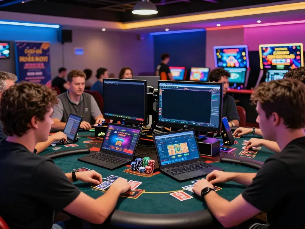 Engaged players enjoying non Gamstop sites at a modern gaming lounge.