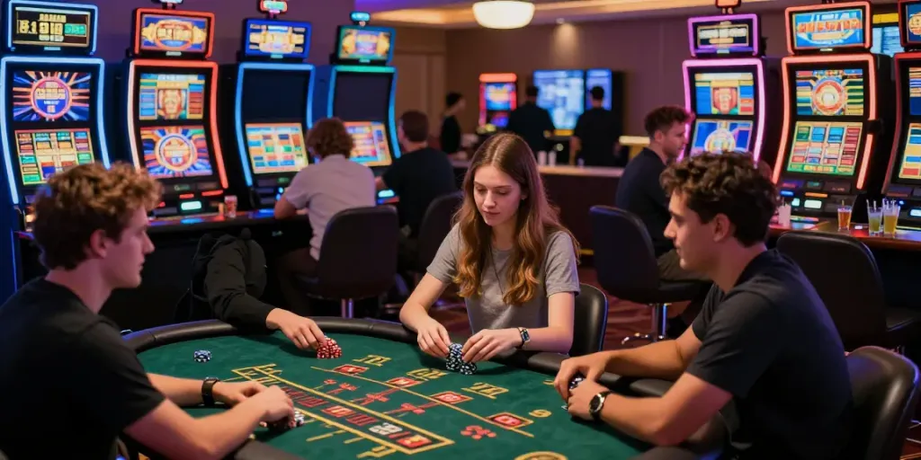 Exciting atmosphere of non gamstop sites with players enjoying casino games in vibrant lighting.