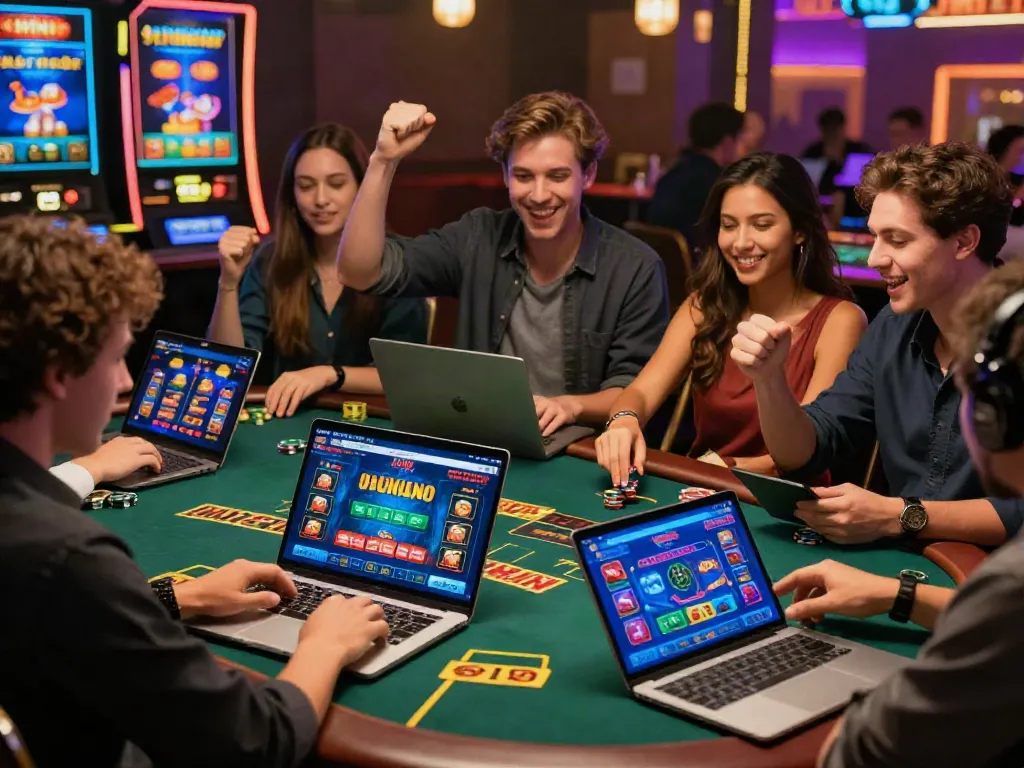 Engaging scene of players enjoying diverse games on non gamstop sites in an online casino environment.