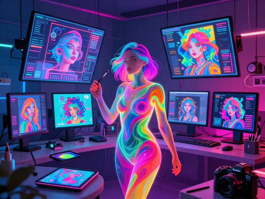 Vibrant AI nsfw art studio showcasing creative digital art in neon colors.