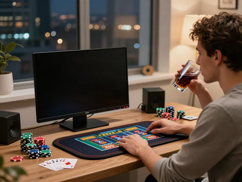 Engaged player enjoying non gamstop sites with vibrant casino game on laptop.