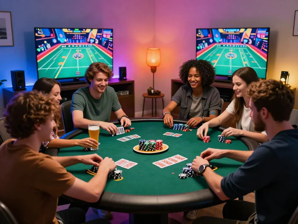Friends enjoying an exciting gaming night around a poker table, highlighting non gamstop sites.