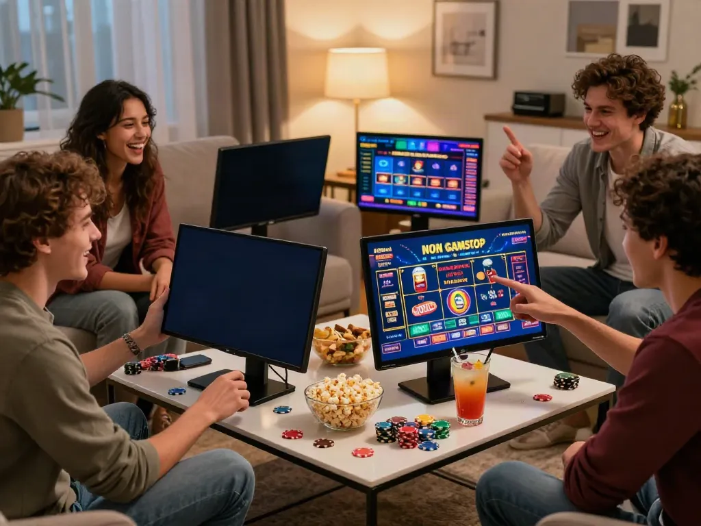 Friends enjoying gaming night with non gamstop sites on a big screen, snacks around.