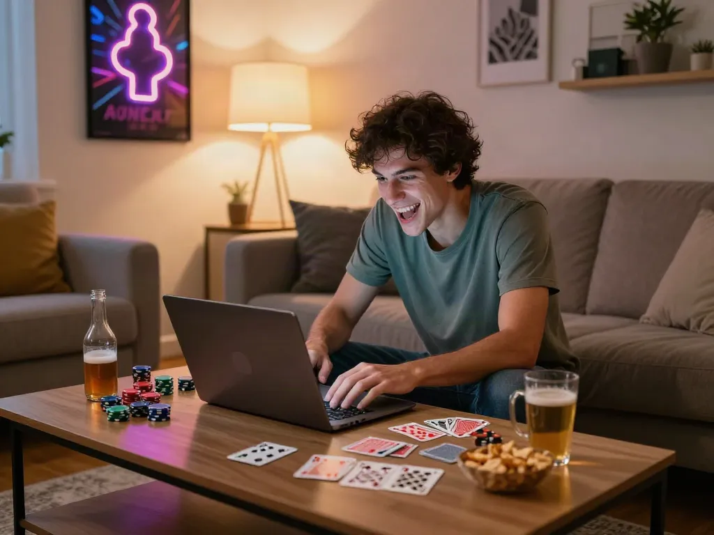 Engaging player enjoying non gamstop sites in a cozy living room.