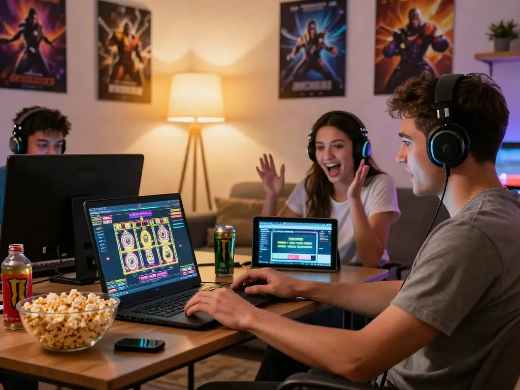 Diverse group enjoying online gaming experiences focused on non gamstop sites.