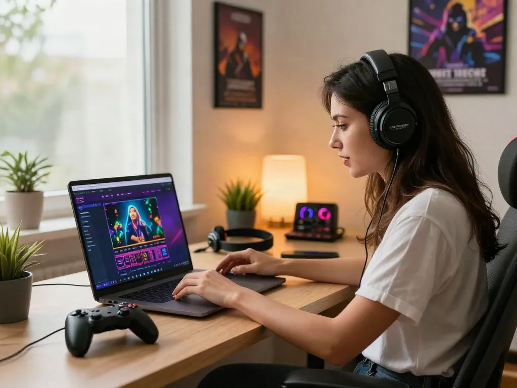 Woman enjoying non gamstop sites on her laptop in a stylish home office.