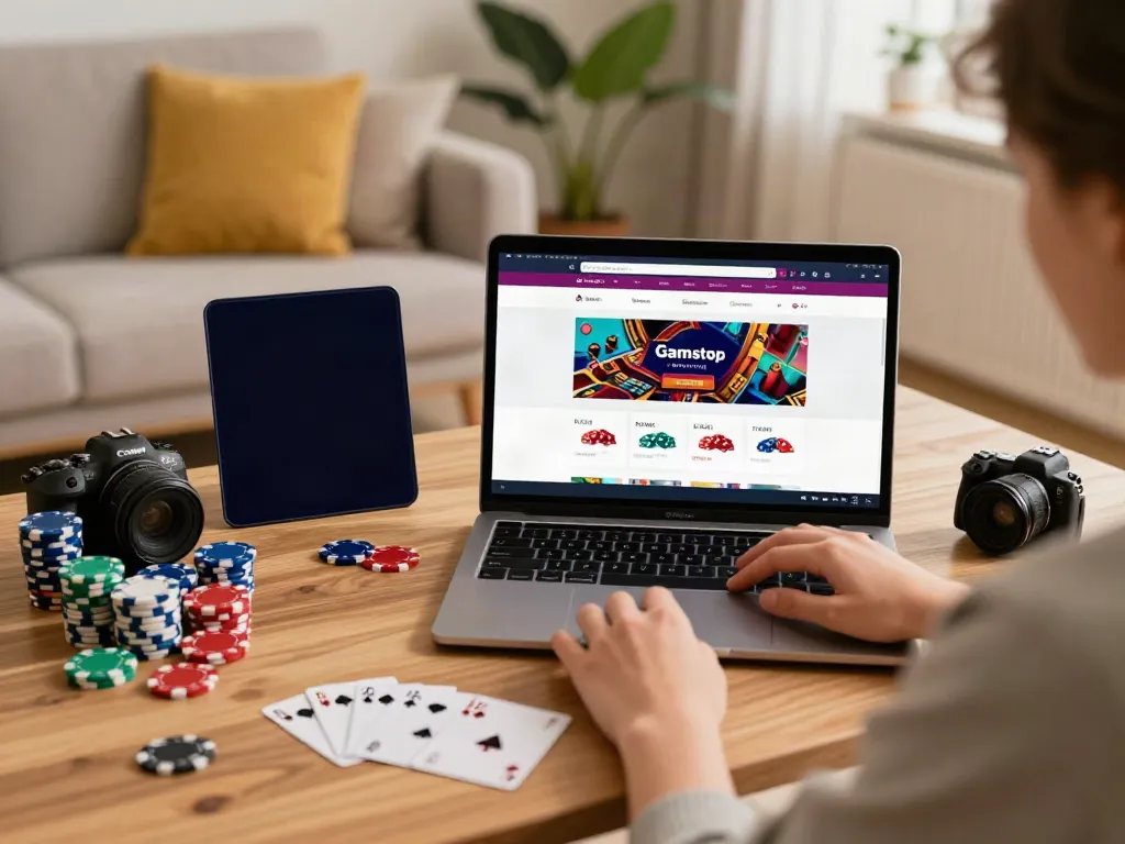 Player engaging with a laptop in a cozy setup exploring non Gamstop sites, with gaming elements around.