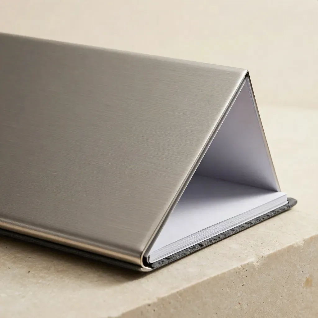 Brushed aluminium folio, frosted sleeve, and blank insert on pale stone with raking light.