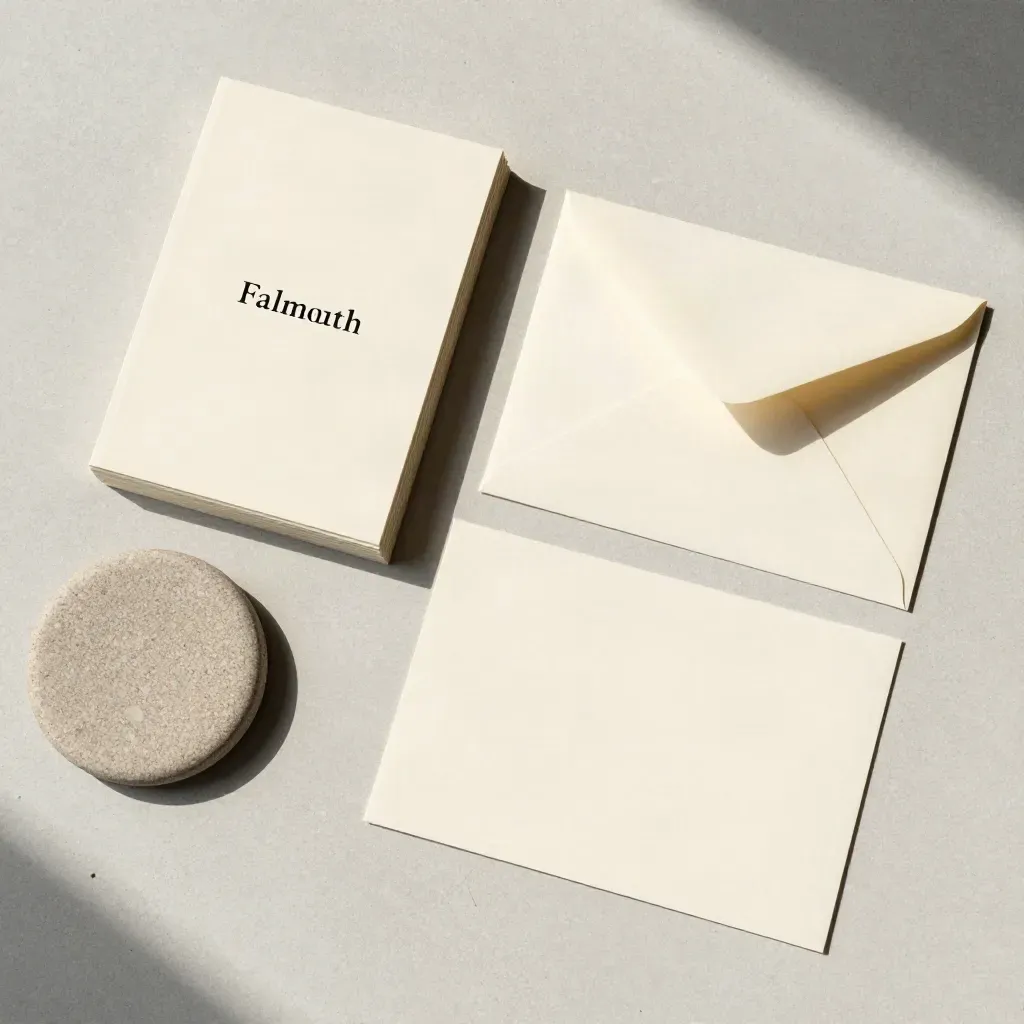 Overhead flatlay of matte cards, a pebble coaster and narrow envelope on pale concrete.