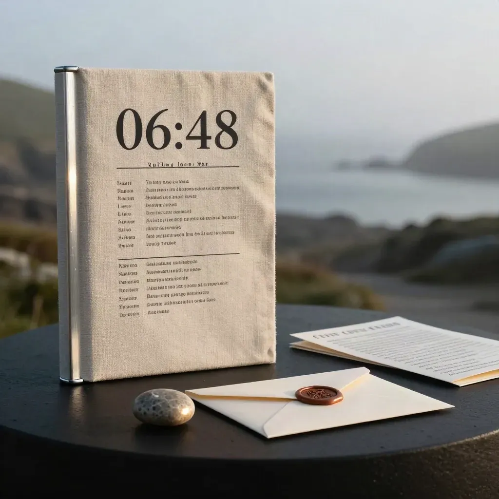 Luxury linen listing folio with envelope, guide card and pebble on a black plinth by sea mist.