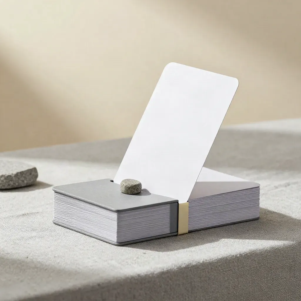 Blank lead cards in a slate sleeve with tabs and a stone paperweight on ash-grey linen.