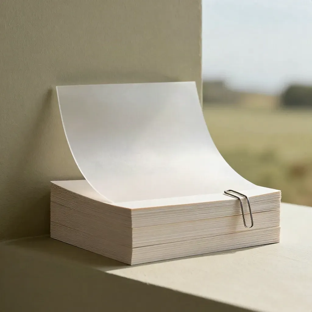Blank update cards, translucent divider and paper clip on a khaki plaster ledge in soft daylight.