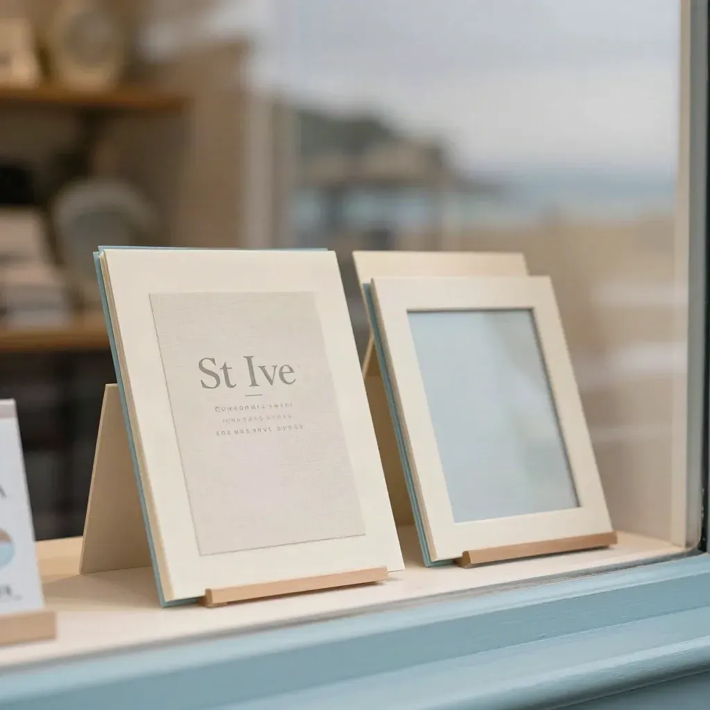 Slim cream listing card in a St Ives shop window, with sea-blue trim and warm glass reflections.