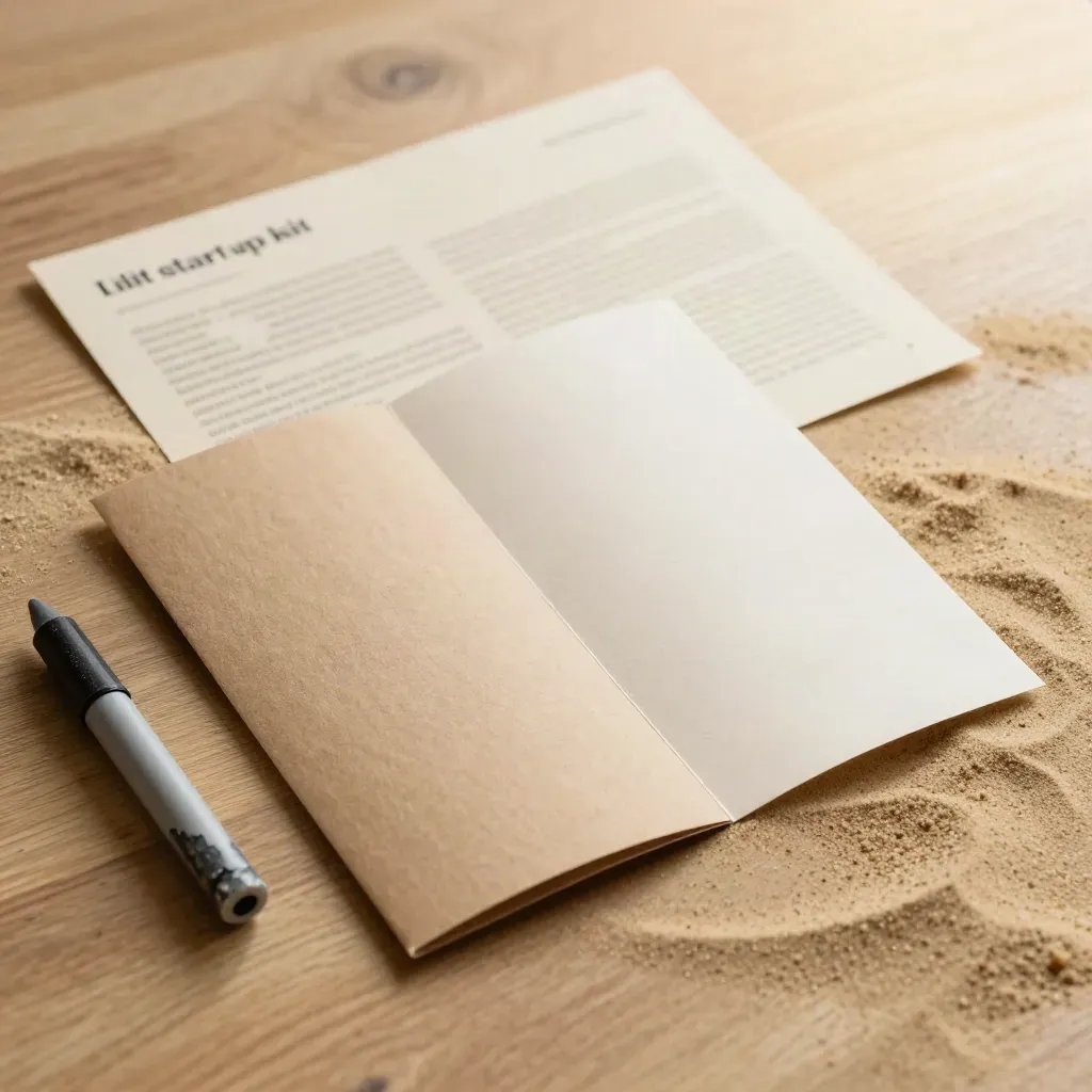 Folded leaflet, kraft sleeve and slate chip marker on a sand-toned surface, close-up.