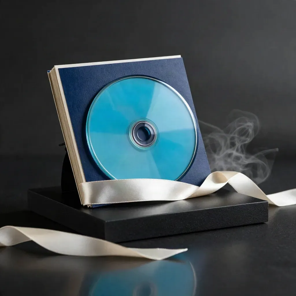 Sea-blue glass disc, navy card block and satin ribbon styled as a premium bundle on matte black.
