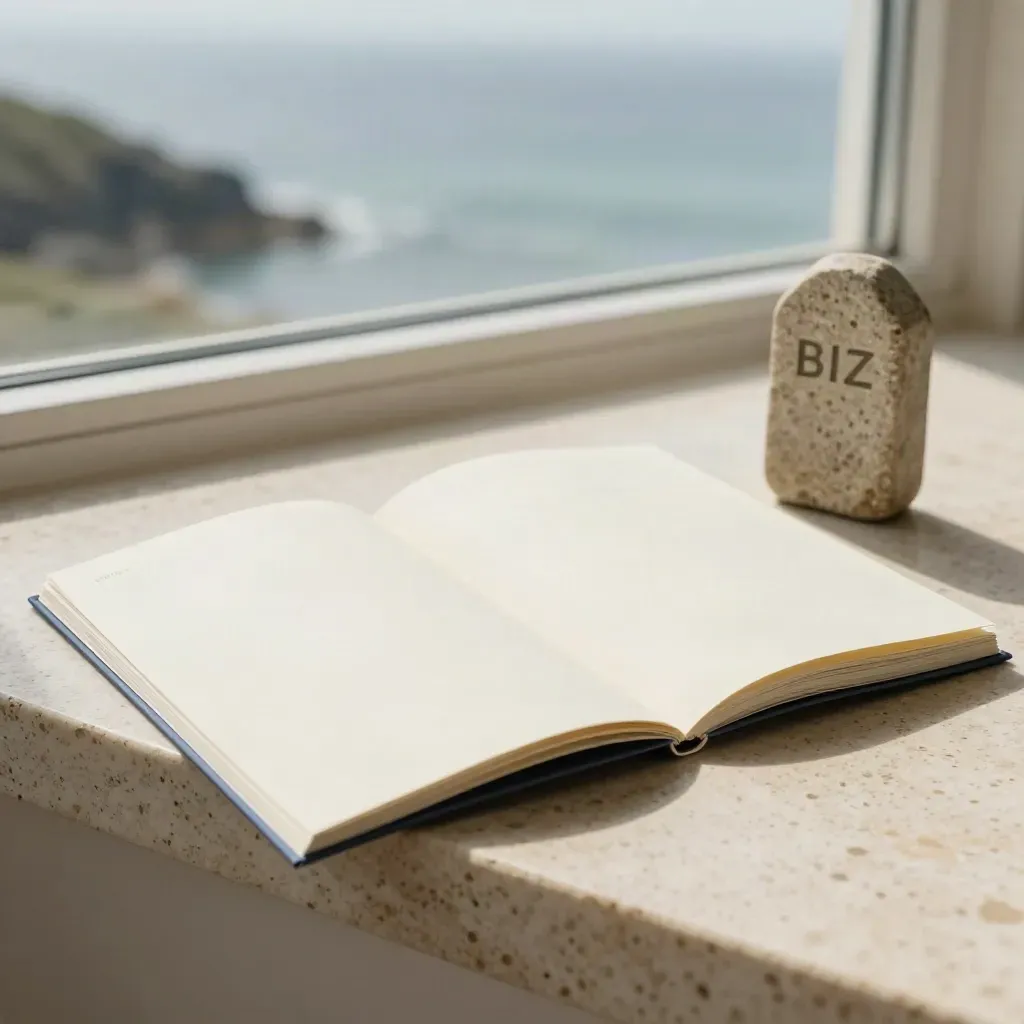 Cream booklet, folded sleeve and stone marker on travertine with coastal light.