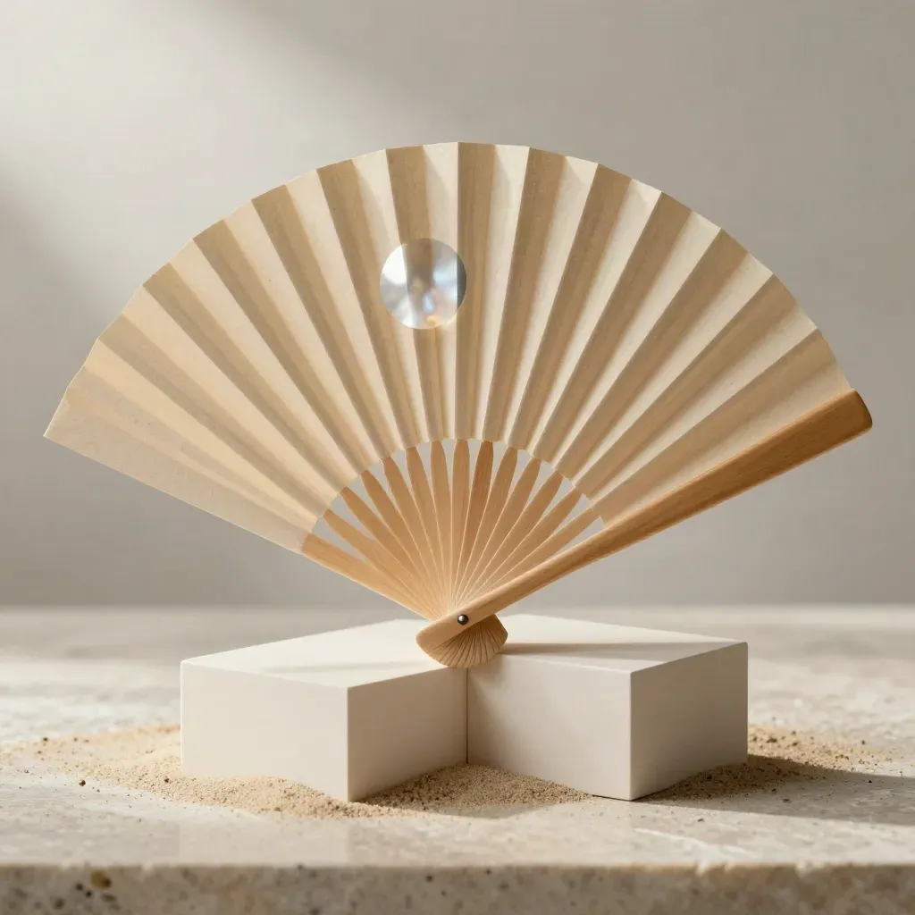 Radiant paper fan, reflector disc, and pale blocks on limestone in soft studio light