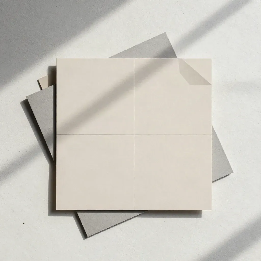 Overhead flatlay of layered service cards, folded sleeve and tab on pale concrete.