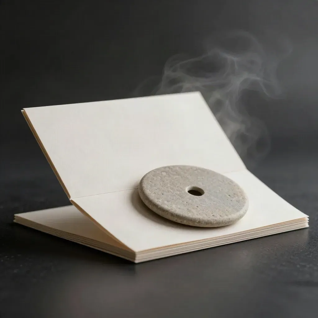 Dramatic packet, pale sleeve and stone disc on matte black with cool rim light and faint mist.