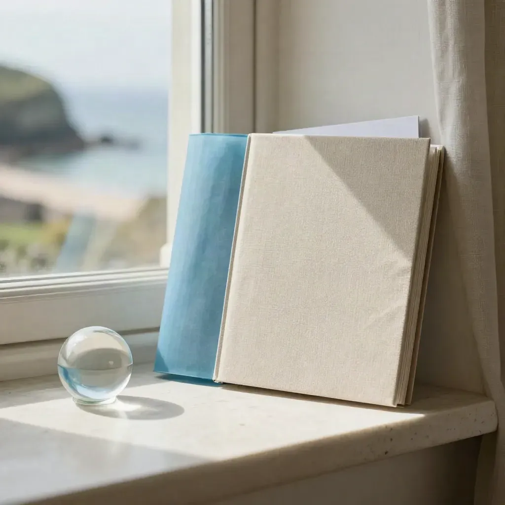 Soft-bound Cornwall shop profile folio, sleeve and ceramic paperweight on a coastal windowsill.