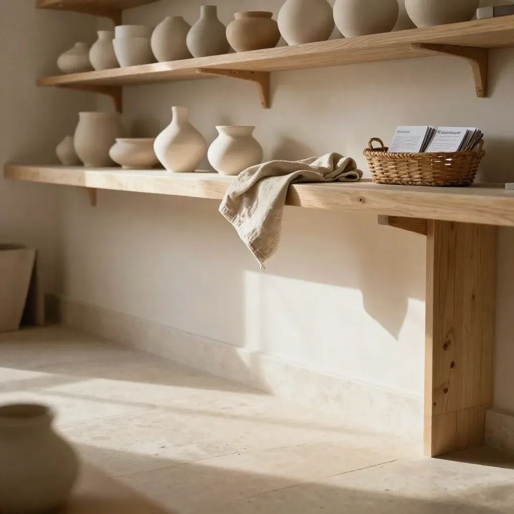 Sunlit Cornish workroom with oak shelves, stone counter, ceramic forms, and calm copy space.