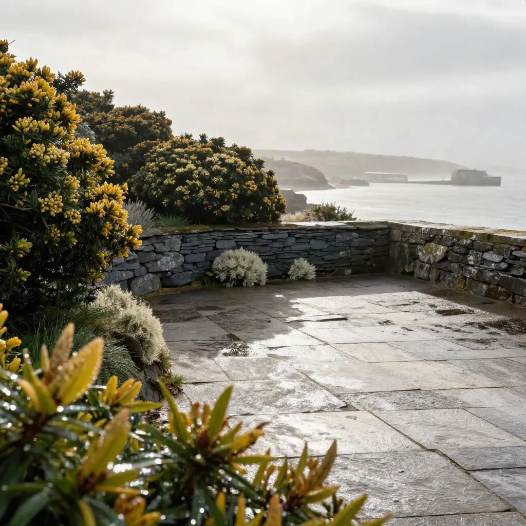 Rain-washed gorse and slate walls above a misty harbour line, brightening after a shower.