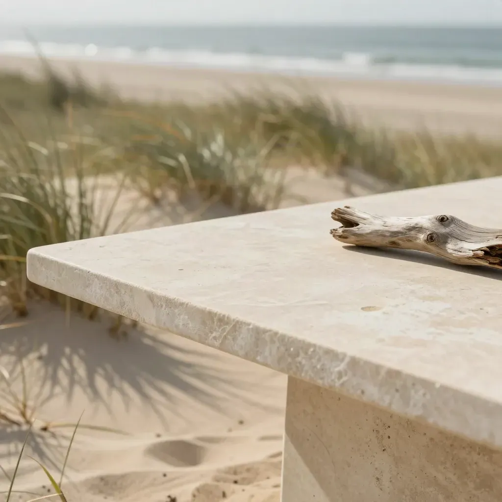 Sand limestone tabletop with dune grass, driftwood, and a blurred sea backdrop