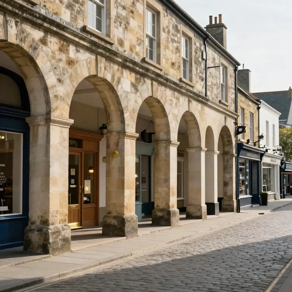 Limestone arcade and painted shopfronts over quiet cobbles, with open copy space below.