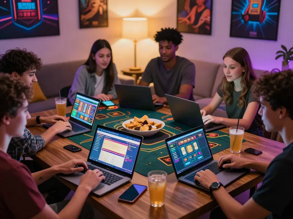 Exciting game night with friends exploring non gamstop sites in a vibrant home setting.