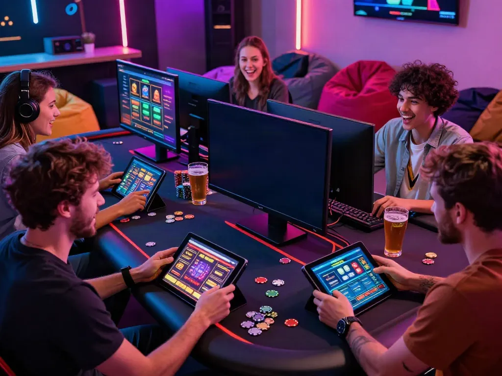 Diverse friends enjoying online gaming on non Gamstop sites with modern devices and vibrant atmosphere.