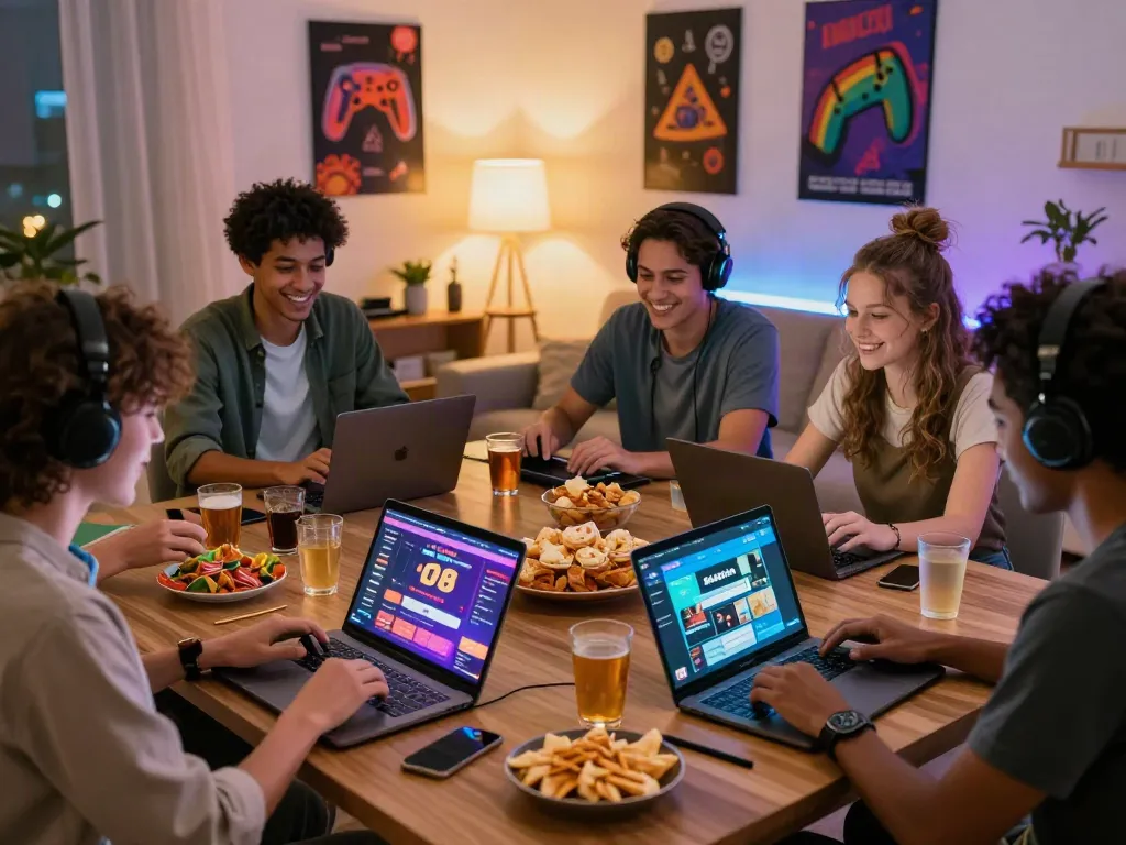 Friends playing games at home, exploring non Gamstop sites for online gambling.