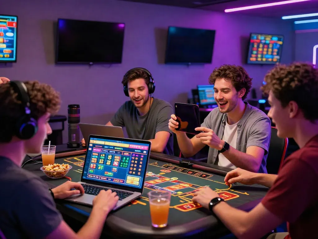 Friends enjoying playtime at non gamstop sites in a lively gaming lounge