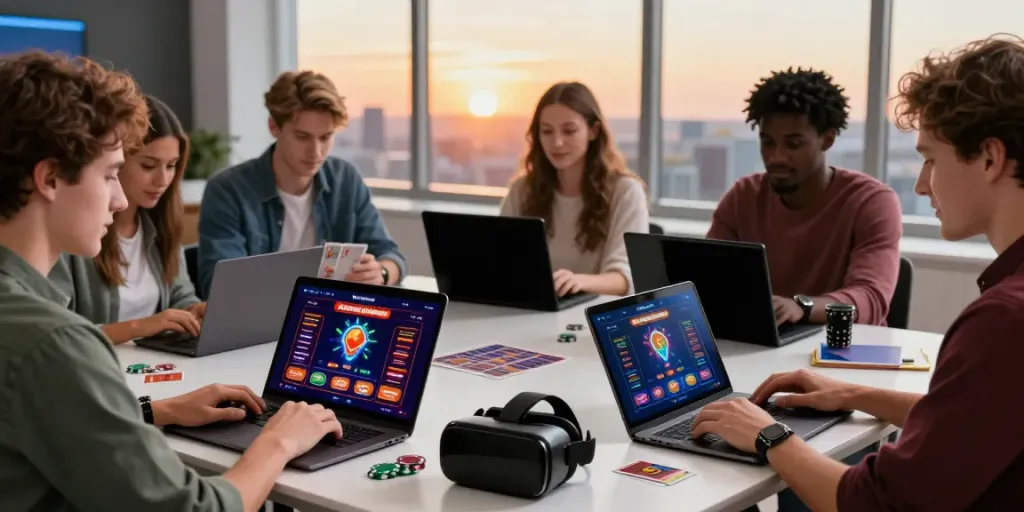 Players engaged with non Gamstop sites at a modern gaming table, showcasing vibrant online casino interfaces.