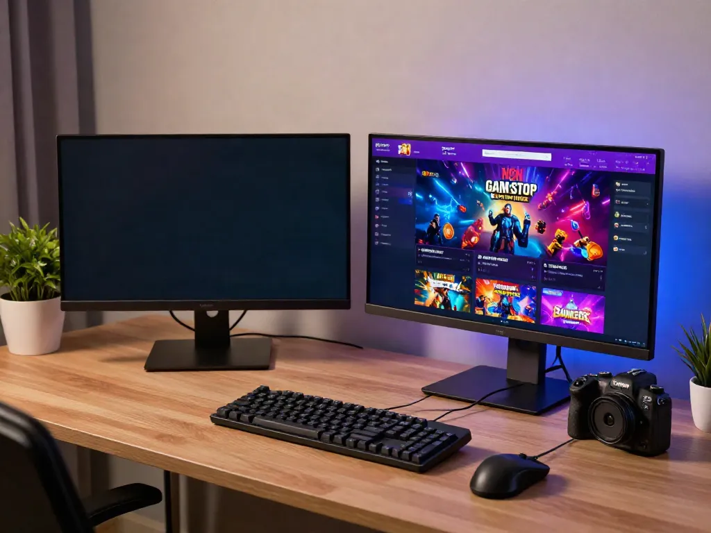 Interactive gaming setup showcasing non Gamstop sites on a desktop with colorful graphics and modern peripherals.