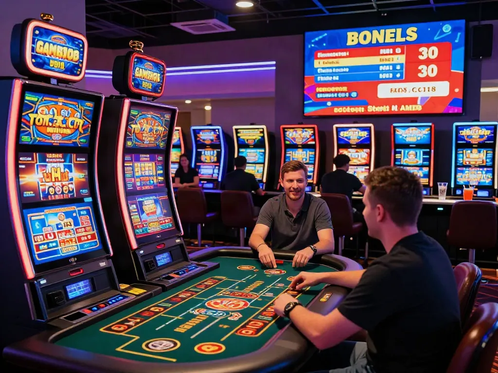 Players enjoying non GamStop sites with vibrant games and bonuses in a lively casino atmosphere.