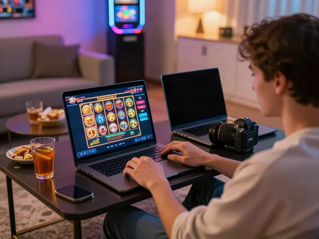 Player enjoying non gamstop sites on a laptop in a cozy living room with snacks and gaming lights.