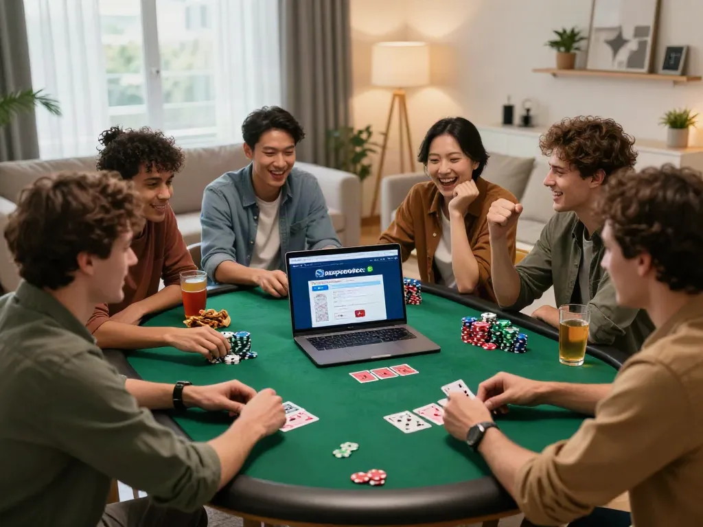 Excited group enjoying non Gamstop sites during a game night at home
