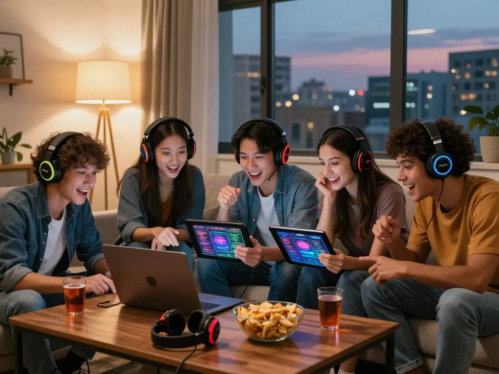 Friends enjoying games on non Gamstop sites in a cozy living room