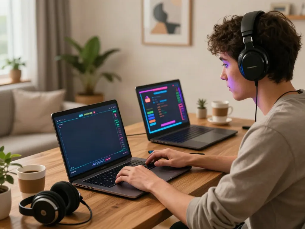 Engaging scene of a player enjoying non gamstop sites on a laptop in a cozy home setting.