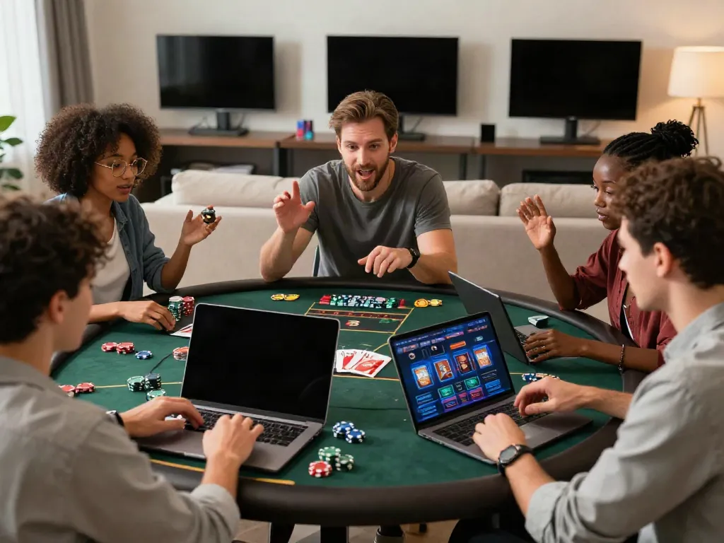 Players enjoying non Gamstop sites in a lively home gaming atmosphere, showcasing digital casino excitement.