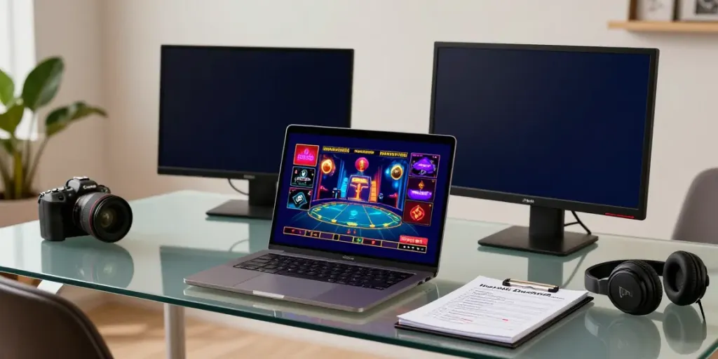 Engaging online gambling setup showing non gamstop sites on a laptop, creating an inviting atmosphere.