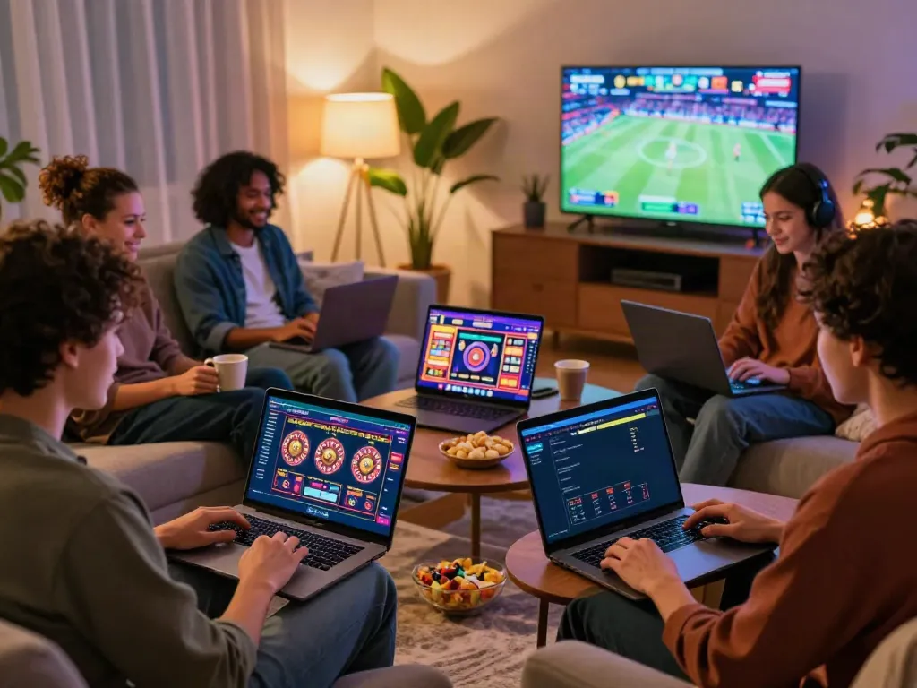 Friends enjoying non gamstop sites in a cozy living room with gaming on laptops.