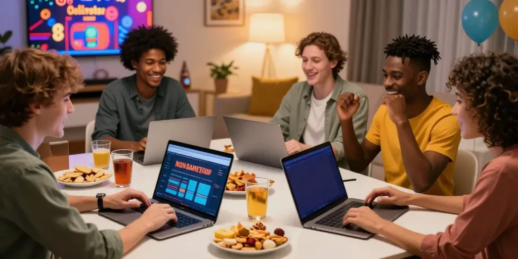 Friends enjoying a gaming night, exploring non gamstop sites on laptops and phones.