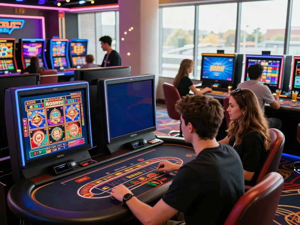 Players enjoying games at popular non gamstop sites in a lively casino environment.