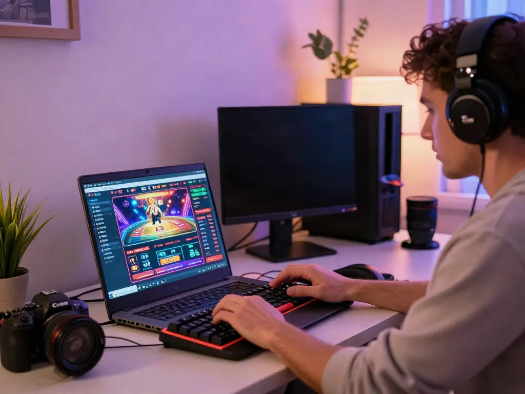 Engaging gamer exploring non gamstop sites in a cozy home office.